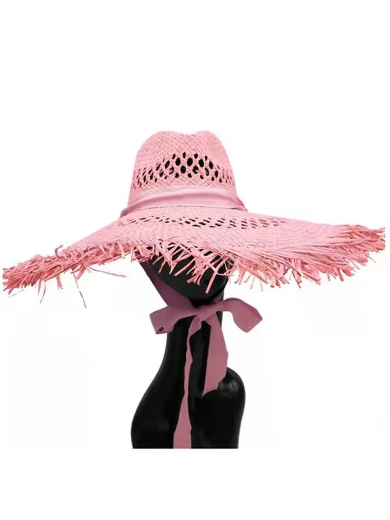 Big Brim Beach Hat for Women Summer Seaside Raffia Straw Hat Travel Vacation Visor Sun Hat Women'S Hat with Colored Raw Edges