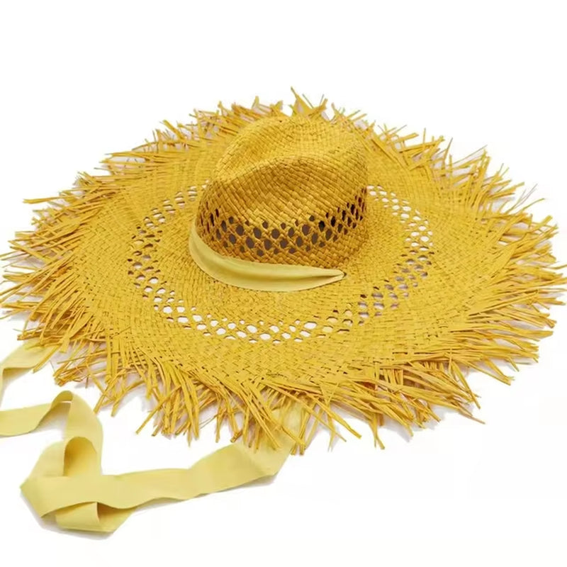 Big Brim Beach Hat for Women Summer Seaside Raffia Straw Hat Travel Vacation Visor Sun Hat Women'S Hat with Colored Raw Edges