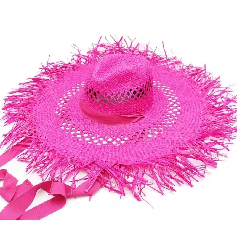 Big Brim Beach Hat for Women Summer Seaside Raffia Straw Hat Travel Vacation Visor Sun Hat Women'S Hat with Colored Raw Edges