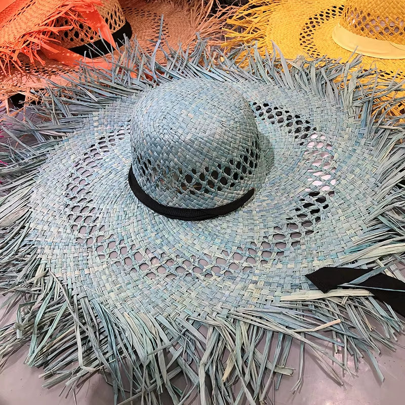 Big Brim Beach Hat for Women Summer Seaside Raffia Straw Hat Travel Vacation Visor Sun Hat Women'S Hat with Colored Raw Edges