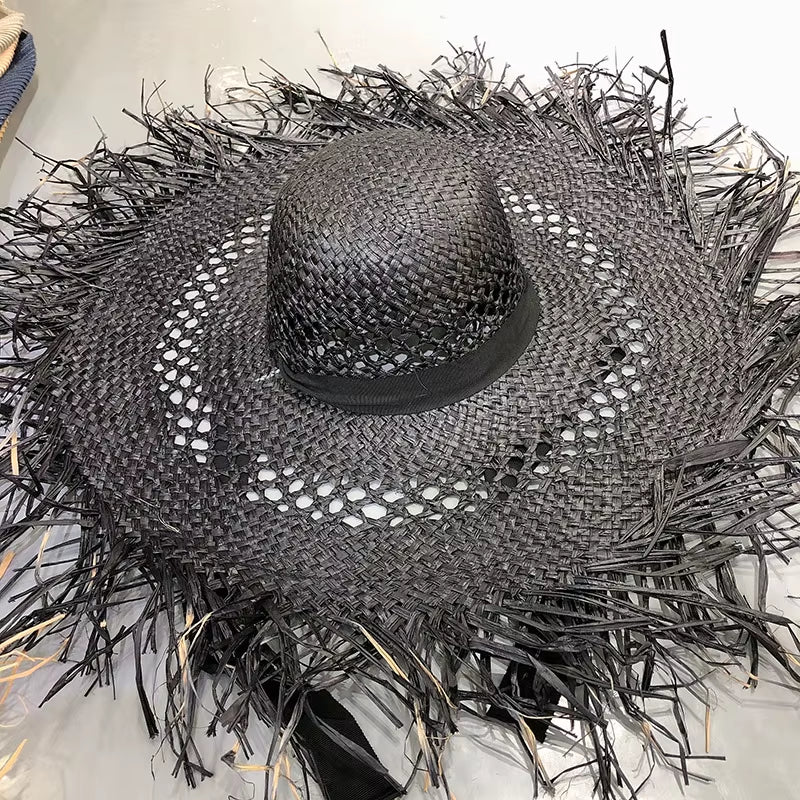Big Brim Beach Hat for Women Summer Seaside Raffia Straw Hat Travel Vacation Visor Sun Hat Women'S Hat with Colored Raw Edges