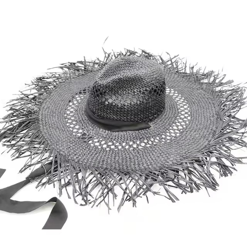 Big Brim Beach Hat for Women Summer Seaside Raffia Straw Hat Travel Vacation Visor Sun Hat Women'S Hat with Colored Raw Edges